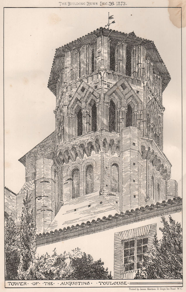 Tower of the Augustins, Toulouse. Haute-Garonne 1873 old antique print picture